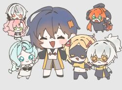  6+girls a_balkaohuli anby_demara belle_(delicate_sunlight)_(zenless_zone_zero) belle_(zenless_zone_zero) black_horns blindfold_mask blue_hair chibi dragon_girl dragon_horns green_eyes hair_ornament highres horns letter_hair_ornament mask multiple_girls nicole_demara official_alternate_costume orphie_magnusson seed_(zenless_zone_zero) soldier_11_(zenless_zone_zero) triangle_hair_ornament trigger_(zenless_zone_zero) white_hair zenless_zone_zero 