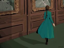  1girl blue_dress boots bow braid braided_ponytail brown_hair commentary dress facing_away flower from_behind full_body gghost0627 indoors long_hair long_sleeves original painting_(object) picture_frame shadow signature single_braid solo standing white_flower 
