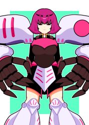  1girl adapted_costume aqua_background blue_eyes border breasts closed_mouth facing_viewer gundam haman_karn highres mecha medium_breasts military_uniform mobile_suit neo_zeon outside_border pink_hair qubeley r_lrg0524 robot science_fiction short_hair solo standing white_border zeon zeta_gundam 
