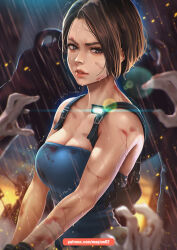  1boy 1girl 3others artist_name blood blood_on_clothes brown_hair bruise injury jill_valentine looking_at_viewer magion02 multiple_others nemesis_(resident_evil) out_of_frame parted_lips rain resident_evil resident_evil_3:_nemesis resident_evil_3_(remake) short_hair zombie 