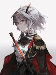  1girl aiguillette arknights ascot black_ascot commentary_request dragon_girl dragon_horns epaulettes facing_ahead from_side grey_background grey_eyes grey_hair highres hinanagimama1 horns jacket looking_at_viewer military_uniform multicolored_jacket sheath sheathed side_capelet sideways_glance simple_background smile solo sword talulah_(arknights) talulah_the_fighter_(arknights) two-sided_capelet two-tone_jacket upper_body weapon 