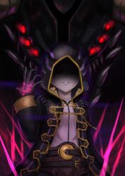  absurdres ambiguous_gender belt black_gloves black_robe commentary dragon evil_smile extra_eyes eyes_of_grima fire_emblem fire_emblem_awakening gloves grima_(dragon)_(fire_emblem) gritter4asterisk highres hood hood_up red_eyes robe shaded_face sharp_teeth shirt smile teeth white_shirt 