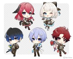  2girls 3boys :d ;d ankle_cuffs aogiri_eito apron arm_at_side black_apron black_boots black_bow black_gloves black_hair black_jacket black_pants black_pantyhose black_shirt black_shoes black_suit black_wings blue_bow blue_bowtie blue_eyes blue_flower blue_hair blue_necktie blue_rose blue_skirt boots border bouquet bow bowtie braid cake center-flap_bangs chibi chibi_only chocolate_cake closed_mouth collared_shirt commentary_request contrast_collar copyright_notice curtained_hair diagonal-striped_background dot_mouth ear_piercing earrings flower food frilled_apron frills full_body gloves gradient_hair grey_background grey_eyes hair_between_eyes hair_bow hair_ornament head_wings heart heart-shaped_cake heart-shaped_food hiiragi_tsurugi holding holding_bouquet holding_flower holding_menu itoi_toi_(neo-porte) jacket jewelry konkon_aria lace-up_boots lapels layered_skirt long_hair long_sleeves looking_at_viewer menu mole mole_under_eye multicolored_hair multiple_boys multiple_girls necktie neo-porte notched_lapels official_art one_eye_closed open_clothes open_jacket outside_border outstretched_arms pants pantyhose piercing puffy_short_sleeves puffy_sleeves purple_hair red_bow red_bowtie red_eyes red_flower red_hair red_necktie red_rose red_skirt rose shirayuki_reid shirt shoes short_hair short_sleeves side_braid sidelocks skirt sleeve_cuffs smile snowflake_hair_ornament spread_arms standing striped_apron striped_background striped_clothes striped_vest suit suit_jacket suit_pants tokunaki_nozomu vertical-striped_clothes vertical-striped_vest vest violet_eyes virtual_youtuber waist_bow white_apron white_border white_flower white_rose white_shirt white_vest wings 