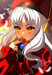  1girl beret blush breasts brooch candy caren_hortensia caren_hortensia_(amor_caren)_(second_ascension) chocolate dress fate/grand_order fate_(series) food hat heart heart-shaped_chocolate heart-shaped_food highres jewelry long_hair long_sleeves looking_at_viewer medium_breasts neck_ribbon red_dress red_hat ribbon shawl smile solo umirunie white_hair yellow_eyes 