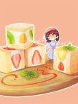  1girl artist_name blue_dress blush brown_hair chibi dress earrings food food_focus fruit fruit_sandwich glasses highres jewelry kiwi_(fruit) leaf long_hair long_sleeves orange_(fruit) original outline pink_background round_eyewear simple_background solo strawberry white_outline wide_shot yaguremaru 