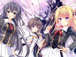  3girls bat_hair_ornament belt black_eyes black_hair black_jacket blonde_hair bow bowtie braid brown_hair buttons candy cape cherry_blossoms choker cross_hair_ornament da_capo da_capo_v day double-breasted dutch_angle emblem floating_hair food game_asset hair_bun hair_intakes hair_ornament hand_on_own_hip hand_up highres holding holding_food jacket kisaragi_yuu_(kisaragiyu) licking_lips lollipop long_sleeves looking_at_viewer multicolored_jacket multiple_girls necktie non-web_source official_art open_mouth pleated_skirt red_necktie sailor_collar school_uniform short_hair side_braid skirt sleeve_cuffs standing striped_clothes taiyaki tokisaka_yukina tongue tongue_out two-tone_jacket violet_eyes visual_novel_cg wagashi white_bow white_jacket white_sailor_collar white_skirt yasaka_kako yasaka_menoa yellow_bow yellow_bowtie 