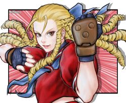  2girls ai_shou artist_name blocking blonde_hairblue_bow blue_sailor_collar bow brown_eyes commentary dougi english_commentary fingerless_gloves gloves hair_bow hair_pulled_back highres kanzuki_karin karate_gi long_hair makoto_(street_fighter) mixed-language_commentary multiple_girls red_serafuku ribbon ringlets sailor_collar school_uniform serafuku smile street_fighter street_fighter_zero_(series) yellow_ribbon 