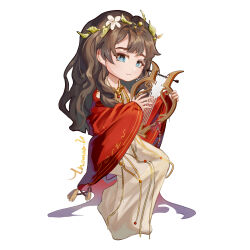  1girl :3 blue_eyes brown_hair deformed dress full_body highres holding holding_instrument holding_lyre instrument invisible_chair laurel_crown long_dress long_hair lyre marcus_(reverse:1999) marcus_(to_the_gates_of_the_underworld)_(reverse:1999) mole mole_under_eye official_alternate_costume red_robe reverse:1999 robe sitting solo ttehomase white_background white_dress 