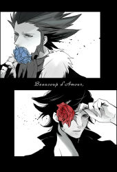  2boys ascot beard black_background black_hair black_shirt blue_flower blue_rose chinstrap_beard coat commentary_request covering_own_mouth dress_shirt facial_hair facing_to_the_side flower fur-trimmed_coat fur_trim grey_ascot grey_hair highres holding holding_flower long_sideburns lysandre_(pokemon) male_focus mature_male minatoya_mozuku monochrome multiple_boys one_eye_covered pokemon pokemon_x_and_y professor_sycamore red_flower red_rose rose shirt sideburns spiky_hair spot_color swept_bangs upper_body white_background 
