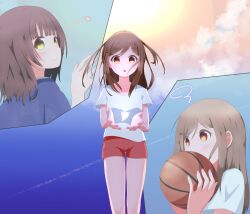  2girls adachi_to_shimamura ball basketball_(object) brown_eyes brown_hair commentary_request gym_shorts gym_uniform heart highres japanese_clothes kimono multiple_girls rikunaka_chiki sakichi_(331743) shimamura_hougetsu shirt shorts t-shirt yellow_eyes 