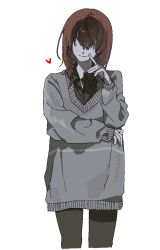  1other black_pants black_shirt brown_hair collared_shirt colored_skin commentary cowboy_shot deltarune finger_to_cheek flyby_artworks grey_skin grey_sweater hair_over_eyes hand_up long_sleeves medium_hair open_collar pants puffy_long_sleeves puffy_sleeves red_soul_(utdr) shirt shirt_under_sweater smile solo soul_(utdr) striped_clothes striped_sweater sweater utdr_(toby_fox) vessel_(deltarune) white_background 