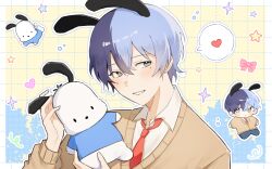  1boy absurdres aoyagi_touya bad_id bad_twitter_id blue_hair blue_shirt brown_cardigan cardigan collared_shirt crossover grey_eyes grid_background grin hands_up heart highres holding layered_clothes long_sleeves male_focus miri_(akayones) mole mole_under_mouth multicolored_hair necktie pochacco project_sekai red_necktie sanrio school_uniform shirt short_hair smile sparkle split-color_hair spoken_heart two-tone_hair wing_collar 