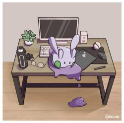  border bottle closed_mouth commentary computer computer_keyboard computer_mouse desk drawing_tablet dripping english_commentary full_body glasses goomy indoors monitor no_humans on_desk plant poke_ball pokemon pokemon_(creature) pokemon_focus potted_plant premier_ball puddle purpurata slime_(substance) solid_oval_eyes solo speaker stylus twitter_username unworn_eyewear water_bottle white_border wooden_floor 