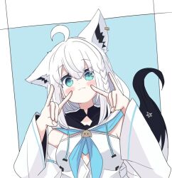  1girl :3 animal_ear_fluff animal_ears blue_eyes blush breasts commentary english_commentary fox_ears fox_girl fox_shadow_puppet fox_tail hololive hood hoodie looking_at_viewer medium_breasts rin_takatuki shirakami_fubuki shirakami_fubuki_(1st_costume) solo tail upper_body white_hoodie 