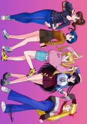  5girls aino_minako bishoujo_senshi_sailor_moon blonde_hair blue_eyes book commentary_request cup disposable_coffee_cup disposable_cup dj_jdite double_bun exif_rotation green_eyes hair_bun hino_rei holding holding_book jacket kino_makoto leather leather_jacket long_hair mizuno_ami multiple_girls one_eye_closed shoes skirt sneakers tsukino_usagi 