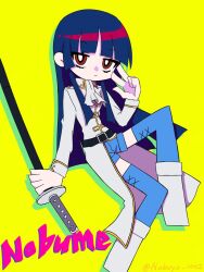  1girl ascot belt black_hair blue_hair blue_shorts blue_thighhighs blunt_bangs boots bright_pupils character_name closed_mouth coat collared_coat commentary_request cross-laced_clothes drop_shadow expressionless full_body gintama hand_up highres hime_cut holding holding_sword holding_weapon imai_nobume invisible_chair katana long_hair long_sleeves looking_at_viewer nobuyo_1002 parody red_eyes sheath sheathed shorts simple_background sitting solo style_parody sword thigh-highs trench_coat twitter_username v w weapon white_ascot white_coat white_pupils yellow_background 