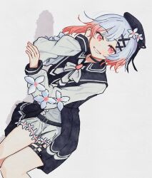  absurdres belt beret black_choker black_coat black_hat center_frills chinese_commentary choker coat collared_coat commentary_request flower flower-trimmed_shorts flower-trimmed_sleeves frills gradient_hair hair_flower hair_ornament hat hat_flower hat_ribbon head_on_hands highres long_sleeves looking_at_viewer lying mahou_shoujo_no_majo_saiban multicolored_hair neck_ribbon o-ring o-ring_thigh_strap pants pink_eyes pink_hair ribbon sakuraba_ema shirt short_hair shorts sideways simple_background sleeveless sleeveless_coat smile superbigneet teeth thigh_strap white_background white_flower white_hair white_pants white_ribbon white_shirt white_shorts white_sleeves x_hair_ornament 