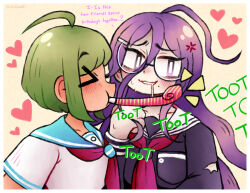  >_< 2girls ahoge anger_vein artist_name birthday blue_sailor_collar blush border breast_pocket bright_pupils closed_eyes collarbone collared_shirt commentary danganronpa_(series) danganronpa_another_episode:_ultra_despair_girls drooling english_commentary eyelashes fukawa_toko glasses green_hair hair_between_eyes hair_ornament hairclip heart jackie_kawaii long_sleeves mole mole_under_mouth mouth_drool multiple_girls naegi_komaru neckerchief notice_lines open_mouth party_horn pink_background pocket purple_shirt red_neckerchief sailor_collar shirt short_hair short_sleeves smile sound_effects sweatdrop third-party_source torn_sleeve violet_eyes white_border white_pupils white_sailor_collar white_shirt 