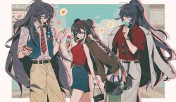  1girl 2boys act00110 alternate_costume bag belt black_belt black_hair blue_shorts blue_vest border bracelet breasts brown_belt brown_jacket brown_necktie brown_pants buttons chinese_commentary commentary_request cowboy_shot diagonal-striped_clothes diagonal-striped_necktie double_bun drop_shadow eyepatch hair_bun heart highres holding holding_bag holding_ice_cream_cone holding_spoon hong_lu_(project_moon) ice_cream_cone jacket jacket_on_shoulders jewelry jia_xichun_(project_moon) limbus_company long_hair medical_eyepatch medium_breasts multicolored_hair multiple_boys musical_note necktie pants pink_shirt ponytail project_moon red_eyes red_necktie red_shirt shirt short_sleeves shorts sleeveless sleeveless_shirt spoken_heart spoken_musical_note spoon streaked_hair striped_clothes striped_necktie striped_shirt sunglasses tied_shirt unworn_eyewear vertical-striped_clothes vertical-striped_shirt vest watch watch white_border white_hair white_jacket white_pants 