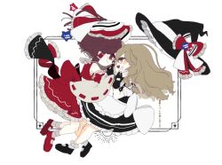 2girls apron ascot black_hat black_shoes black_skirt black_vest blonde_hair bow braid brown_eyes brown_hair chantarou closed_mouth commentary detached_sleeves eye_contact frilled_bow frilled_hair_tubes frills hair_bow hair_tubes hakurei_reimu hand_on_another's_cheek hand_on_another's_face hat hat_bow highres kirisame_marisa long_hair looking_at_another mary_janes missing_headwear multiple_girls open_mouth red_bow red_shoes red_skirt ribbon-trimmed_sleeves ribbon_trim shoes side_braid single_braid skirt skirt_set smile socks star_(symbol) touhou translation_request unworn_headwear vest waist_apron white_apron white_bow white_socks witch_hat yellow_ascot yellow_eyes yuri 
