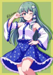  1girl absurdres blue_skirt blush border breasts closed_mouth collared_shirt commentary detached_sleeves frilled_skirt frills frog_hair_ornament green_background green_border green_eyes green_hair hair_ornament hair_tubes hand_on_own_hip highres kochiya_sanae long_hair looking_at_viewer one_eye_closed outside_border shgngzhngdeyti1 shirt single_hair_tube skirt sleeveless sleeveless_shirt small_breasts smile snake_hair_ornament solo touhou v v_over_eye very_long_hair white_shirt 