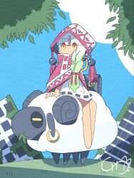  1girl bag barefoot blue_sky blunt_bangs braid building cloak clouds commentary day dress english_commentary full_body gradient_hair grass green_hair hair_ribbon highres hood hood_up long_hair moss multicolored_hair on_animal original outdoors red_cloak red_ribbon ribbon ruins septem_(catnokingb612) sheep signature single_braid sitting sky solo tassel white_dress white_hair yellow_eyes 