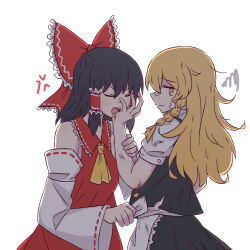  2girls anger_vein apron ascot bandaid bandaid_on_face bandaid_on_nose black_hair black_skirt black_vest blonde_hair bow braid closed_eyes closed_mouth commentary detached_sleeves frilled_bow frilled_hair_tubes frills fukodesu hair_bow hair_tubes hakurei_reimu highres holding holding_ofuda kirisame_marisa long_hair missing_headwear multiple_girls ofuda open_mouth puffy_short_sleeves puffy_sleeves red_bow red_skirt ribbon-trimmed_sleeves ribbon_trim short_sleeves side_braid simple_background single_braid skirt skirt_set squiggle torn_vest touhou vest waist_apron white_apron white_background yellow_ascot yellow_eyes 