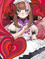  1girl alternate_hair_color apron black_skirt blue_eyes blush bright_pupils brown_hair buttons casting_spell chestnut_mouth commentary cowboy_shot english_commentary frilled_apron frilled_hairband frilled_skirt frills gradient_hair hair_bobbles hair_ornament hairband hand_up heart heart-shaped_pupils highres holding holding_wand long_hair looking_at_viewer lovestruck low_twintails miniskirt multicolored_hair neckerchief nijisanji nose_blush pink_hair puffy_short_sleeves puffy_sleeves purple_neckerchief red_hair shirt shirt_tucked_in short_sleeves skirt sleeve_cuffs solo streaked_hair symbol-shaped_pupils toy_box3 twintails valentine virtual_youtuber waist_apron wand white_apron white_hairband white_mouth white_pupils white_shirt yokaze_yui 