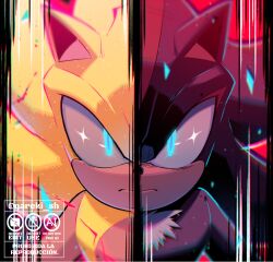  2boys angry black_fur blue_eyes closed_mouth english_commentary furry furry_male gareki_sh glowing glowing_eyes hedgehog_boy male_focus multiple_boys shadow_the_hedgehog sonic_(series) sonic_the_hedgehog watermark yellow_fur 