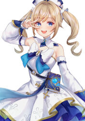  1girl absurdres barbara_(genshin_impact) bare_shoulders belt beret black_belt blonde_hair blue_bow blue_bowtie blue_eyes blue_wrist_cuffs book bow bowtie collar cowboy_shot cross_brooch detached_collar detached_sleeves dot_nose dress drill_hair eyelashes frilled_dress frills genshin_impact hair_ornament hair_scrunchie happy hat highres light_blush long_hair long_sleeves loose_hair_strand o-ring o-ring_belt open_mouth pleated_dress poe_(528yuzunon) print_dress puffy_long_sleeves puffy_sleeves scrunchie short_dress simple_background sleeves_past_wrists smile solo standing swept_bangs teeth twin_drills twintails two-tone_bow two-tone_bowtie upper_teeth_only v v_over_eye vision_(genshin_impact) white_background white_bow white_bowtie white_collar white_hat white_scrunchie white_sleeves wrist_cuffs 