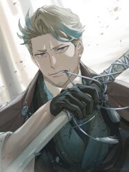  1boy aopix_001 black_gloves black_vest blonde_hair blue_hair blue_necktie blue_streaks blurry blurry_background brown_cape cape collared_shirt facial_hair fate/grand_order fate_(series) gloves goatee green_robe grey_eyes grey_hair highres holding holding_sword holding_weapon holostars jacket japanese_clothes katana katsu_kaishuu_(fate) kimono looking_at_viewer male_focus mature_male mouth_hold multicolored_hair necktie old old_man robe sheath sheathed shirt short_eyebrows short_hair signature solo streaked_hair sword tassel teeth twitter_username two-tone_hair upper_body vest virtual_youtuber weapon white_background white_eyes white_hair white_shirt yellow_eyes 