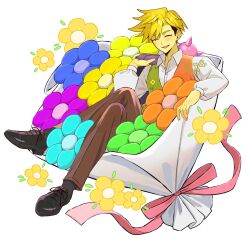  1boy absurdres blonde_hair bouquet brown_pants closed_eyes collared_shirt commentary_request deltarune flower flowery_(deltarune) ghost_bunny_0 green_vest highres holding male_focus open_mouth pants shirt shoes side_part smile two-tone_vest undercut utdr_(toby_fox) vest white_shirt 