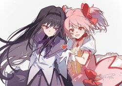  2girls akemi_homura akemi_homura_(magical_girl) black_hair black_hairband blush bow bubble_skirt choker cloudyman collared_capelet cowboy_shot dress dress_bow floating_hair gloves grey_skirt hair_bow hairband heart highres holding_another's_arm kaname_madoka kaname_madoka_(magical_girl) long_hair long_sidelocks long_sleeves looking_at_another looking_at_viewer magical_girl mahou_shoujo_madoka_magica multiple_girls neck_ribbon object_floating_above_hand open_mouth pink_dress pink_eyes pink_hair puffy_short_sleeves puffy_sleeves purple_ribbon red_bow red_choker ribbon shirt short_sleeves short_twintails sidelocks signature simple_background skirt soul_gem square_neckline twintails two-tone_capelet violet_eyes white_background white_gloves white_shirt white_sleeves yellow_dress 
