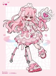  1girl belt blunt_bangs blush border bow commentary_request double_bun footwear_bow full_body grid_background hair_bun hat heart highres holding holding_wand long_hair open_mouth original outline outside_border pink_belt pink_border pink_bow pink_eyes pink_hair pink_shoes pink_skirt pink_thighhighs pixel_heart shirt shoes single_thighhigh skirt solo sparkle standing standing_on_one_leg striped_clothes striped_thighhighs thigh-highs twitter_username unqn v-shaped_eyebrows wand watermark white_background white_hat white_outline white_shirt white_thighhighs 