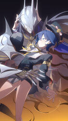  1girl 1other absurdres ambiguous_gender aurelia_academy_school_uniform belle_(brilliance_of_stars)_(zenless_zone_zero) belle_(zenless_zone_zero) black_hat black_sweater blue_hair cloxiu commentary_request green_eyes grey_hair grey_skirt hair_between_eyes hat highres long_hair looking_at_another miniskirt necktie official_alternate_costume pleated_skirt pyrois_(zenless_zone_zero) school_uniform short_hair skirt sweater yellow_necktie zenless_zone_zero 