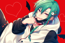  1boy braid character_request chiyu_(silverxxxx) choker commentary_request copyright_request curtained_hair ear_piercing green_hair hair_ornament hair_over_shoulder hairclip heart hood hood_down jewelry long_hair long_sleeves looking_at_viewer male_focus mask mouth_mask multiple_hairclips multiple_rings open_mouth panda_hair_ornament piercing red_background red_choker ring simple_background single_braid solo teeth violet_eyes wings 