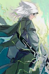  1boy absurdres arknights belt cloak commentary energy facing_away green_cloak green_eyes green_jacket green_sky highres horns jacket lightning record_keeper_(arknights) single_horn sky solo sword unicorn unicorn_boy untranslatable_commentary weapon white_hair yezhi_dun_luobei 