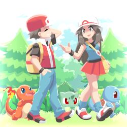  1boy 1girl arm_behind_head arm_up backpack bag baseball_cap blue_eyes blue_shirt bright_pupils brown_eyes brown_hair bulbasaur charmander closed_eyes closed_mouth commentary day denim english_commentary fangs fire flame-tipped_tail grin hand_in_pocket hand_up hat highres jeans john_su leaf_(pokemon) long_hair looking_at_another loose_socks no_lineart open_mouth outdoors pants pokemon pokemon_(creature) pokemon_firered_and_leafgreen porkpie_hat red_(pokemon) red_eyes red_hat red_shirt red_shoes red_skirt shirt shoes short_hair short_sleeves shoulder_bag sidelocks skirt sleeveless sleeveless_shirt smile socks squirtle starter_pokemon_trio tail tree very_long_hair vs_seeker walking white_hat white_pupils white_shoes wristband yellow_background yellow_bag 