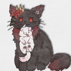  2others absurdres animalization beret black_cat black_hat cat crown dog flower hat highres mahou_shoujo_no_majo_saiban mini_crown multiple_others nikaido_hiro pink_flower red_eyes sakuraba_ema simple_background superbigneet white_background white_dog 