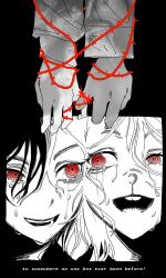  1girl 1other commentary crying deltarune english_text hat_babo highres kris_(deltarune) noelle_holiday open_mouth plant red_eyes ringed_eyes smile spot_color thorn_ring_(deltarune) thorns uneven_eyes utdr_(toby_fox) vines weird_route_(deltarune) 