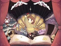  1other black_background black_boots blush_stickers book boots brown_hair brown_shorts chara_(undertale) closed_mouth commentary_request curtains flower full_body green_shirt highres holding holding_knife knife long_sleeves open_book other_focus pine_tree red_eyes ruins_(undertale) shirt short_hair shorts smile snowdin_(undertale) solo sparkle standing striped_clothes striped_shirt suisei_1121 tree undertale utdr_(toby_fox) yellow_flower yellow_shirt 