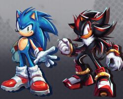  2boys absurdres black_fur blue_fur clenched_hand closed_mouth english_commentary furry furry_male hedgehog_boy highres looking_at_viewer looking_to_the_side male_focus marvel_rivals_(style) multicolored_hair multiple_boys parody shadow_the_hedgehog smile sonic_(series) sonic_the_hedgehog streaked_hair style_parody wrenchmaster 
