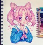  1girl :3 absurdres anny_(yoai) arms_up artist_name bangs bishoujo_senshi_sailor_moon blush bunny_hair_ornament cardigan character_request choker collarbone colored_pencil colored_pencil_(medium) cone_hair_bun crescent crescent_facial_mark dot_nose earrings facial_mark hair_bun hair_intakes hair_ornament heart heart_choker highres instagram_username jewelry looking_at_viewer medium_hair neckerchief off_shoulder open_mouth parted_bangs pencil photo_(medium) purple_cardigan purple_hair sailor_collar school_uniform serafuku shirt sidelocks sideways_glance solo stud_earrings tongue traditional_media twintails upper_body violet_eyes white_sailor_collar white_shirt yellow_choker 
