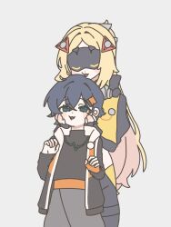 2girls a_balkaohuli belle_(zenless_zone_zero) black_gloves black_jacket black_shirt black_shrug blindfold_mask blue_hair covered_eyes fingerless_gloves gloves hair_ornament hand_on_another's_cheek hand_on_another's_face head_on_head head_rest highres jacket letter_hair_ornament mask multiple_girls orange_gloves shirt shrug_(clothing) triangle_hair_ornament trigger_(zenless_zone_zero) zenless_zone_zero 