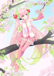  1girl absurdres arm_up bare_shoulders boots cherry_blossoms cherry_hair_ornament collared_shirt commentary_request day detached_sleeves double-parted_bangs food-themed_hair_ornament full_body gradient_hair green_hair grin hair_between_eyes hair_ornament hatsune_miku headset highres kinosuke_(pattaba) leaf_hair_ornament long_hair long_sleeves miniskirt multicolored_hair necktie on_branch outdoors pink_boots pink_eyes pink_hair pink_necktie pink_skirt pink_sleeves pleated_skirt sakura_miku shirt sitting skirt sleeveless sleeveless_shirt smile solo thigh_boots tie_clip twintails very_long_hair vocaloid white_shirt wide_sleeves 