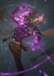  1boy armband ball beard belt belt_buckle blonde_hair blurry blurry_edges bridal_gauntlets brown_belt brown_hat brown_pants buckle cape commentary cowboy_hat english_commentary facial_hair goggles goggles_on_headwear green_eyes green_lips gyro_zeppeli hat highres holding holding_ball jiunn_kuo jojo_no_kimyou_na_bouken lipstick long_hair looking_at_viewer makeup pants photoshop_(medium) purple_armband purple_bridal_gauntlets purple_light purple_shirt shirt solo sparkle star_(symbol) steel_ball_(jojo) steel_ball_run 
