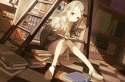  1girl absurdres blonde_hair book book_stack bookshelf camisole commentary_request denim denim_shorts expressionless flat_chest full_body gakuen_idolmaster highres holding holding_book idolmaster indoors jacket kosh ladder library long_hair looking_at_viewer open_clothes open_jacket orange_eyes shinosawa_hiro shorts sitting solo twilight 
