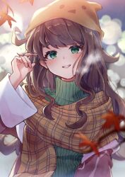  1boy a.i._voice backlighting beanie breath brown_hair brown_scarf commentary_request green_eyes green_sweater hat highres kurita_maron leaf light_particles long_hair looking_at_viewer maple_leaf niconico orange_hat outdoors scarf signature smile solo suama_(haruichi) sweater teeth trap turtleneck turtleneck_sweater upper_body voicevox 