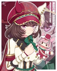  1girl absurdres animal_ears bow breasts brown_hair cape closed_mouth copyright_name ear_covers ears_through_headwear green_bow hair_between_eyes hand_puppet hat highres horse_ears horse_girl jacket long_sleeves looking_at_viewer marche_lorraine_(racing)_(umamusume) marche_lorraine_(umamusume) mismatched_ear_covers puppet red_cape short_hair skirt smile umageemu umamusume violet_eyes white_jacket zoom_layer 
