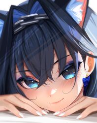  1girl absurdres animal_ear_fluff animal_ears blue_eyes blue_hair bow bow_earrings cat_ears chain chain_headband close-up commentary earrings eye_focus fingernails hair_between_eyes hair_intakes highres hololive hololive_english jewelry looking_at_viewer ouro_kronii sansha_art smile solo virtual_youtuber 